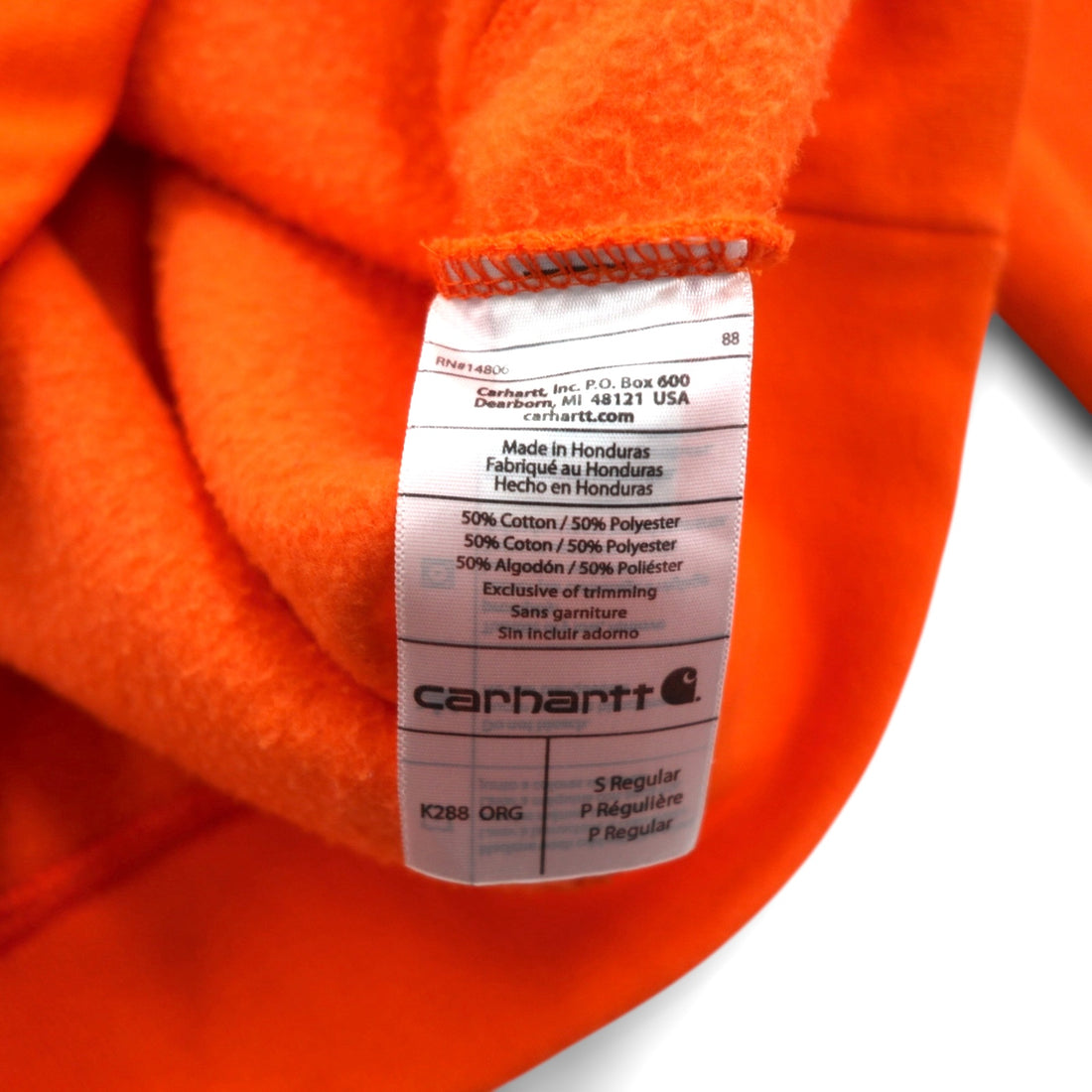 Carhartt Pullover Hoodie L Orange Sleeve Logo Print Kangaroo Pocket K288