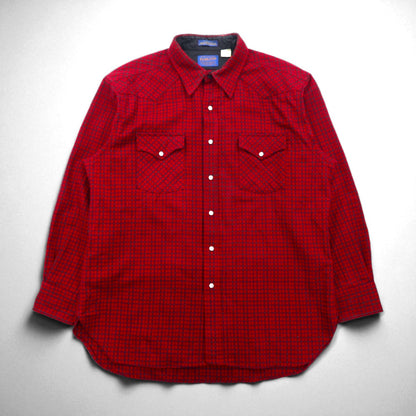PENDLETON USA-Made HIGH GRADE WESTERN WEAR Flannel Western Shirt, Size XL, Red Check Wool, Snap Buttons, Double Pockets