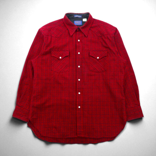PENDLETON USA製 HIGH GRADE WESTERN WEAR フランネル ウエスタンシャツ XL レッド チェック ウール スナップボタン ダブルポケット