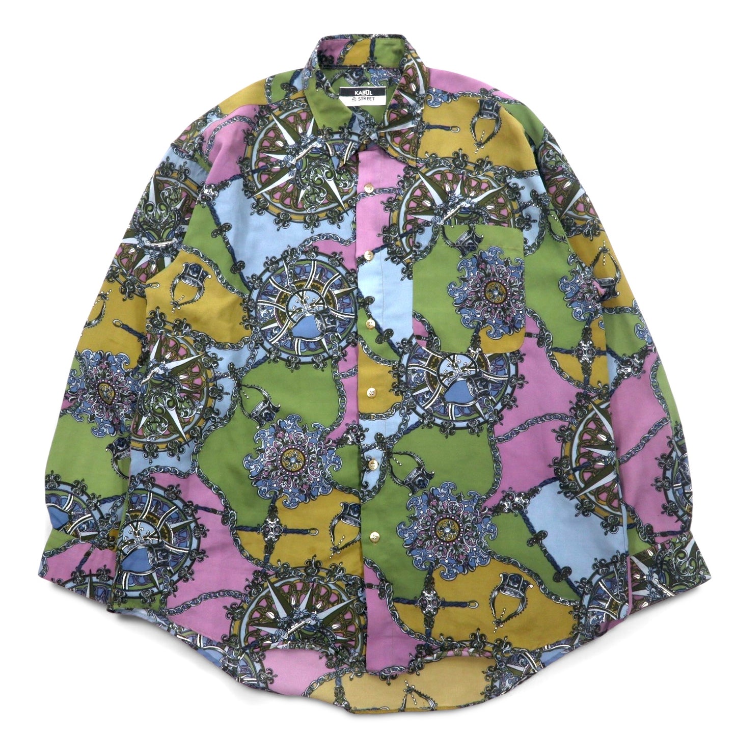 Vintage 90s Retro Shirt KABUL 90年代 総柄 ポリシャツ 2XL カーキ ポリエステル レトロ
