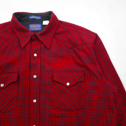 PENDLETON USA-Made HIGH GRADE WESTERN WEAR Flannel Western Shirt, Size XL, Red Check Wool, Snap Buttons, Double Pockets