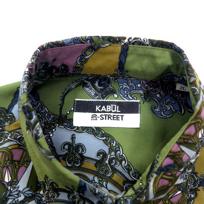 Vintage 90s Retro Shirt KABUL 90年代 総柄 ポリシャツ 2XL カーキ ポリエステル レトロ