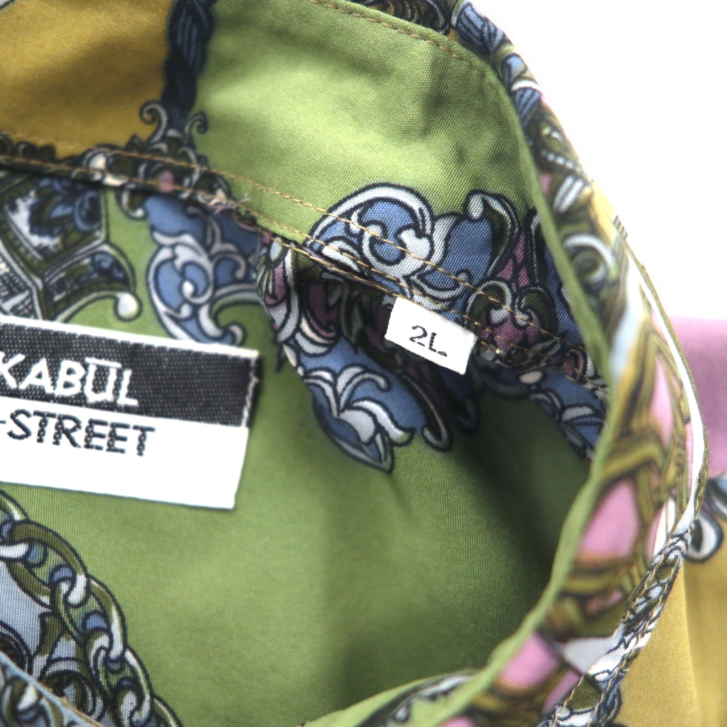 Vintage 90s Retro Shirt KABUL 90年代 総柄 ポリシャツ 2XL カーキ ポリエステル レトロ