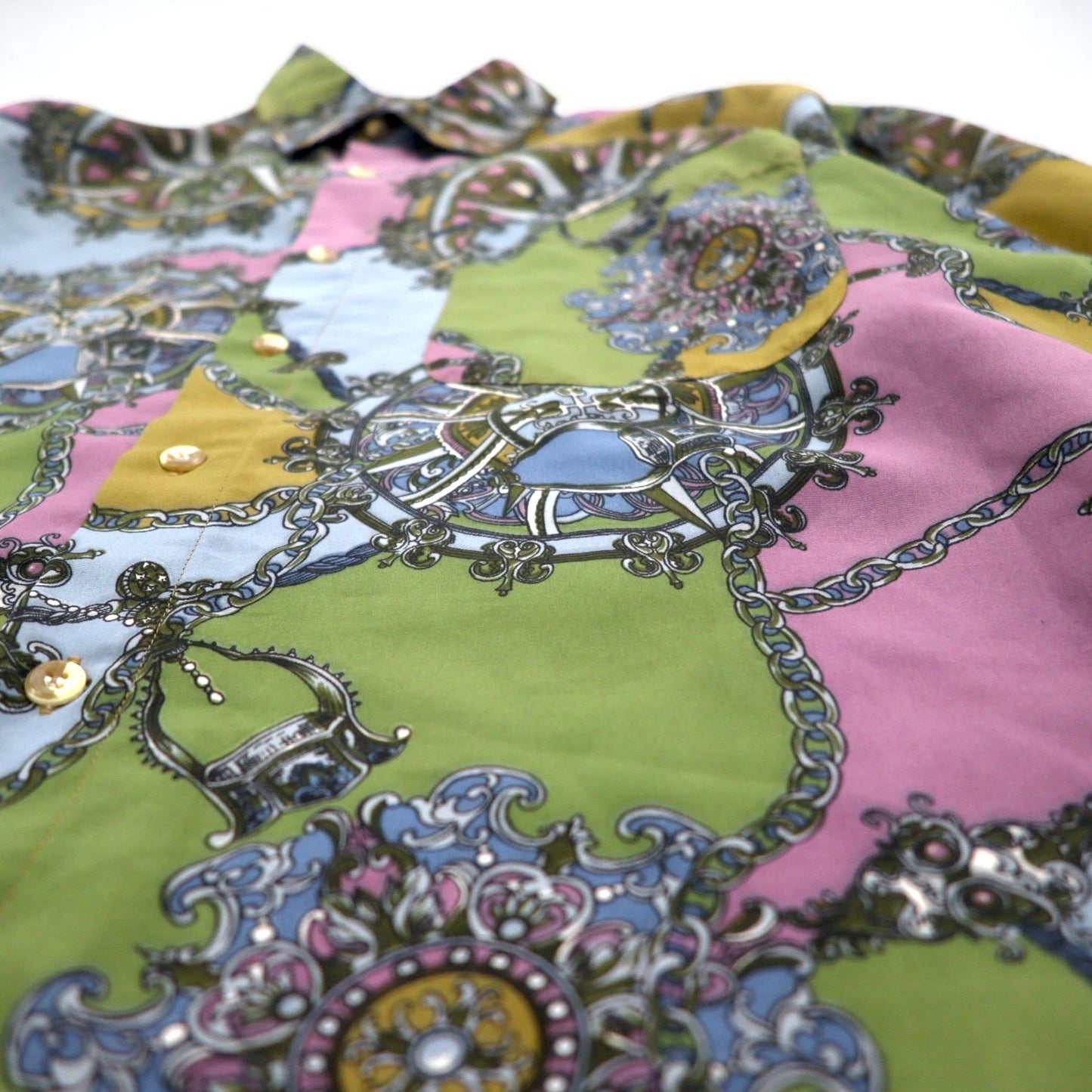 Vintage 90s Retro Shirt KABUL 90年代 総柄 ポリシャツ 2XL カーキ ポリエステル レトロ