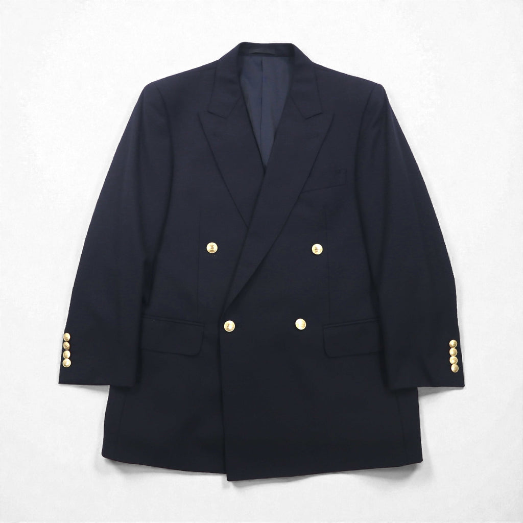 BURBERRY Peak Lapel Double-Breasted Tailored Jacket, Size M, Navy Gabardine, Gold Buttons, Wool, Made in Japan
