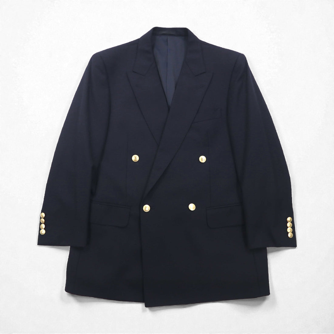 BURBERRY Peak Lapel Double-Breasted Tailored Jacket, Size M, Navy Gabardine, Gold Buttons, Wool, Made in Japan