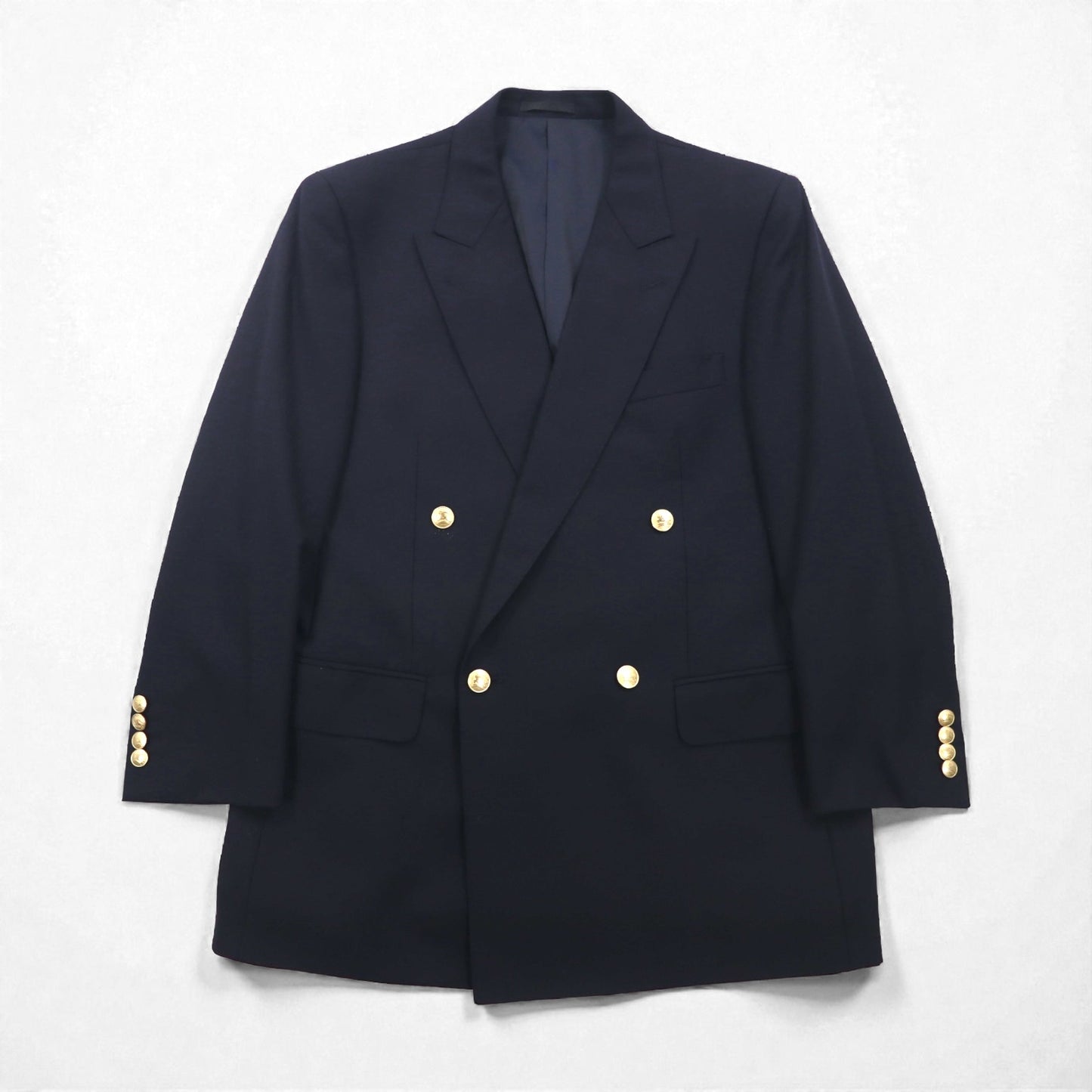 BURBERRY ピークドラペル ダブル テーラードジャケット ブレザー M ネイビー ギャバジン 紺ブレ 金ボタン 羊毛 日本製