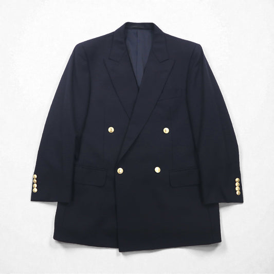BURBERRY ピークドラペル ダブル テーラードジャケット ブレザー M ネイビー ギャバジン 紺ブレ 金ボタン 羊毛 日本製