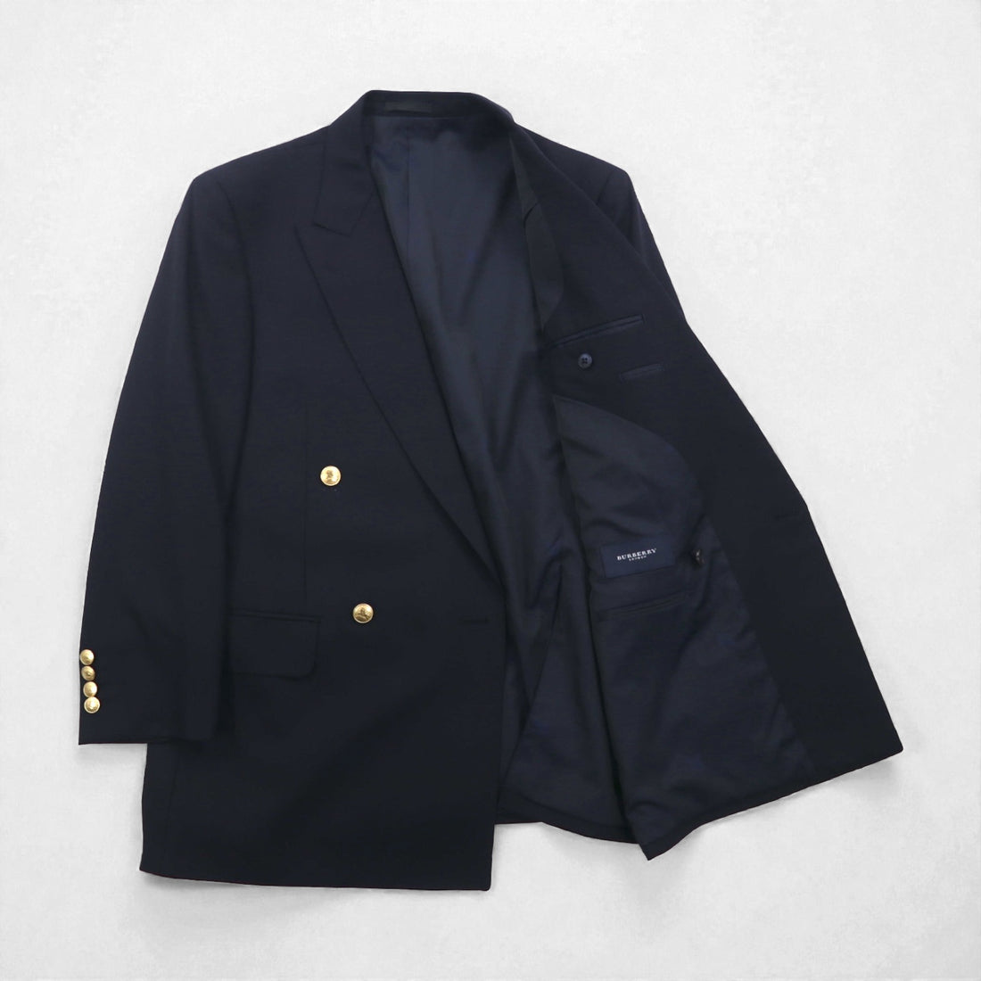 BURBERRY Peak Lapel Double-Breasted Tailored Jacket, Size M, Navy Gabardine, Gold Buttons, Wool, Made in Japan