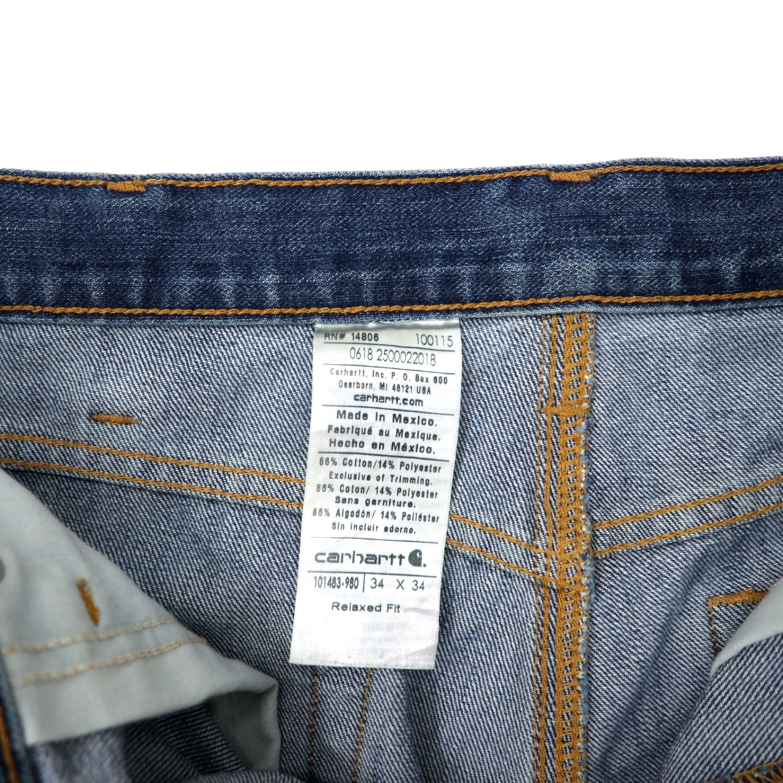 Carhartt Relaxed Fit Denim Pants Size 34 Blue Cotton Zipper Fly 101483-980 Made in Mexico