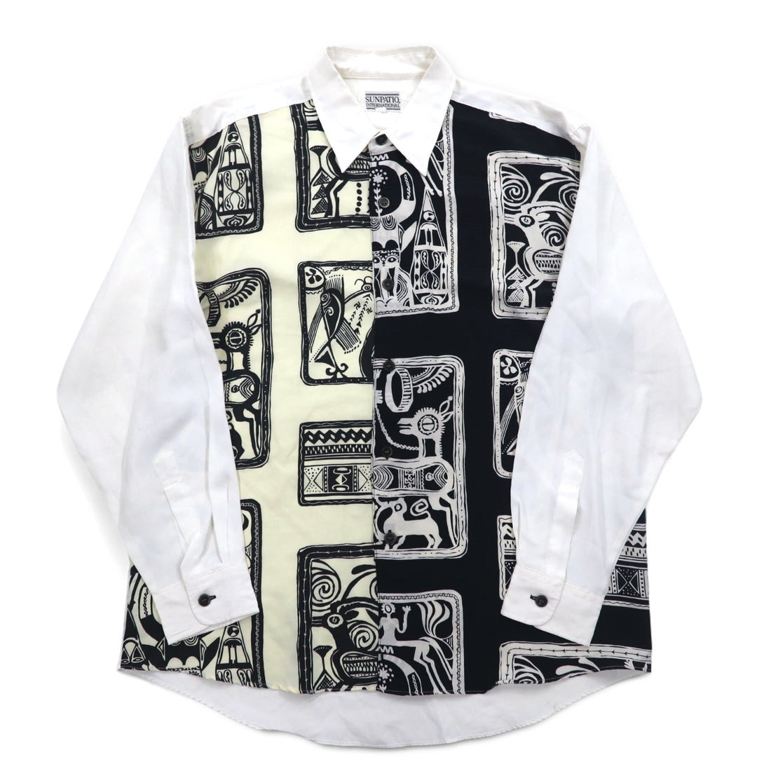 Vintage 90s Japan Made Retro Shirt 90s SUNPATIO Poly Shirt FREE White All-over Pattern Made in Japan