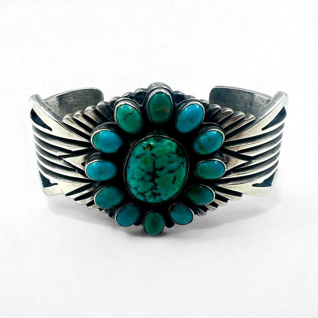 Navajo 60s Flower Turquoise Cluster Cuff Bracelet, Navajo Indian Jewelry, Sterling Silver, Turquoise