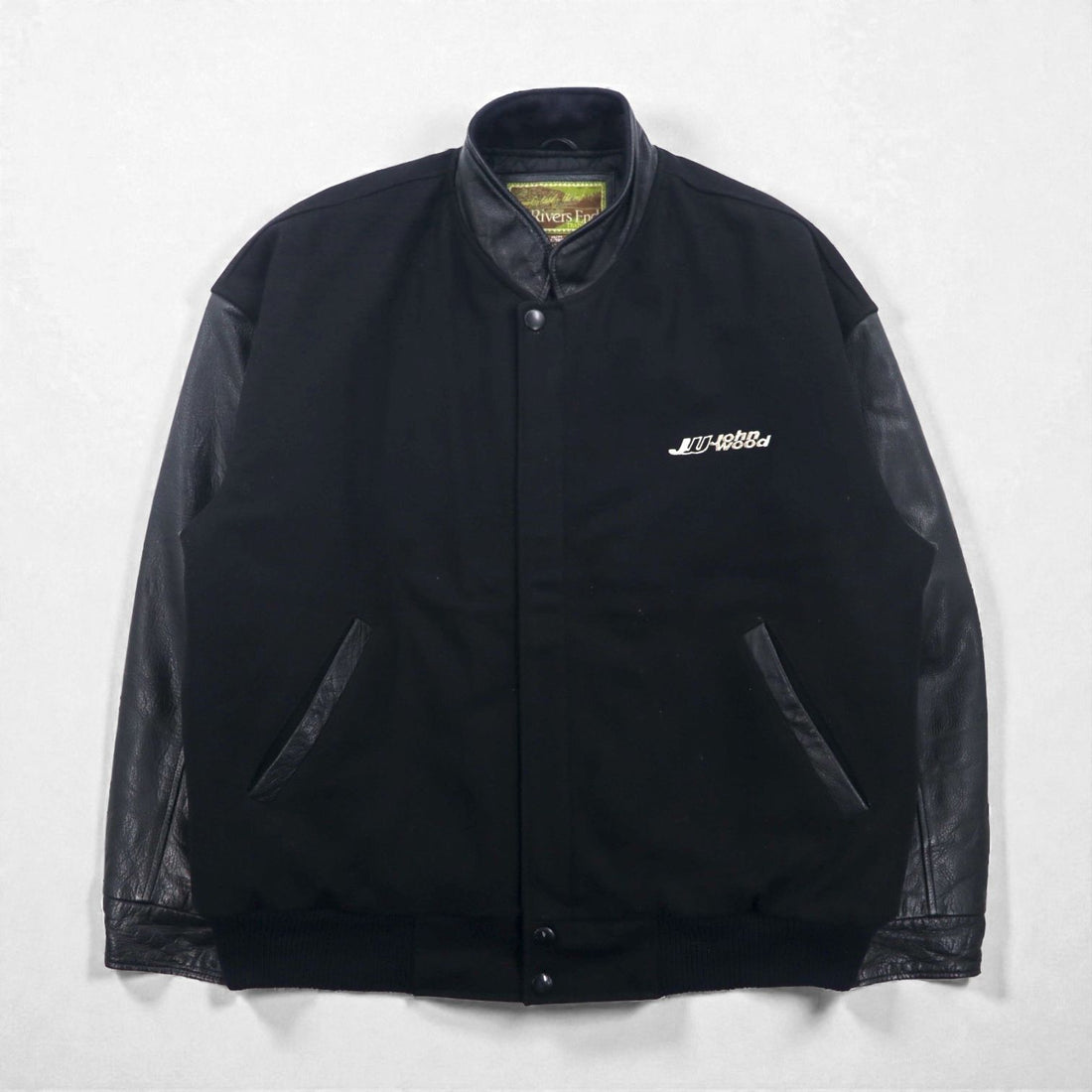 90s Vintage Rivers End Varsity Jacket with Leather Trim, XL, Black Embroidery, USA Brand, JOHN WOOD