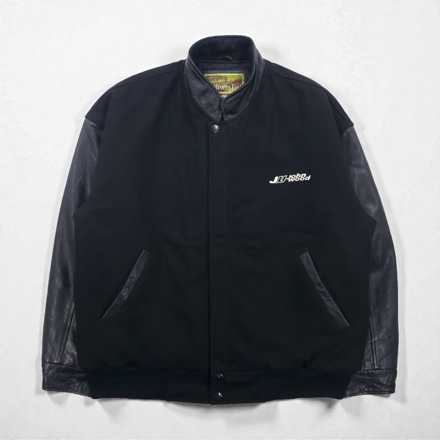 90s Vintage Varsity Jacket Rivers End レザー切替 スタジャン XL ブラック 刺繍 USA企業 JOHN WOOD