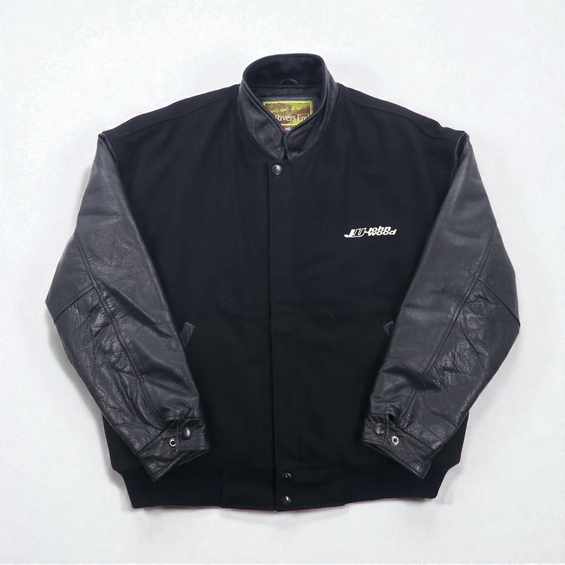 90s Vintage Rivers End Varsity Jacket with Leather Trim, XL, Black Embroidery, USA Brand, JOHN WOOD