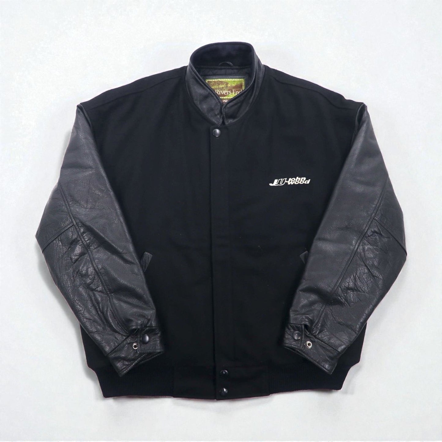 90s Vintage Varsity Jacket Rivers End レザー切替 スタジャン XL ブラック 刺繍 USA企業 JOHN WOOD