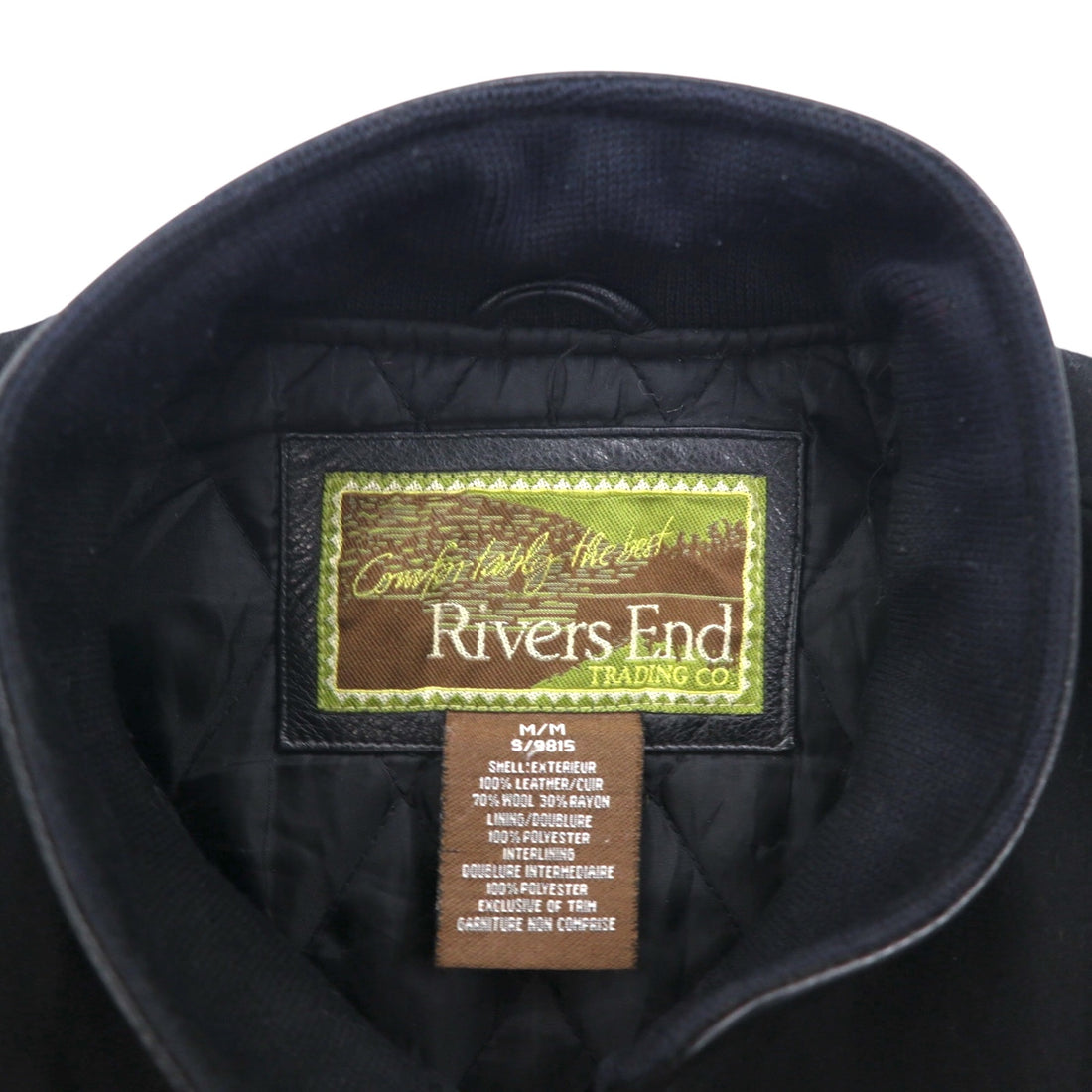 90s Vintage Rivers End Varsity Jacket with Leather Trim, XL, Black Embroidery, USA Brand, JOHN WOOD