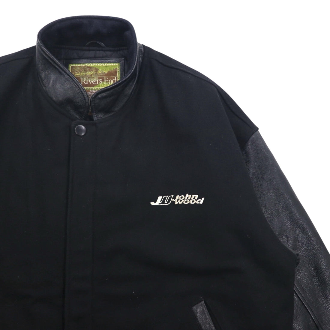 90s Vintage Rivers End Varsity Jacket with Leather Trim, XL, Black Embroidery, USA Brand, JOHN WOOD