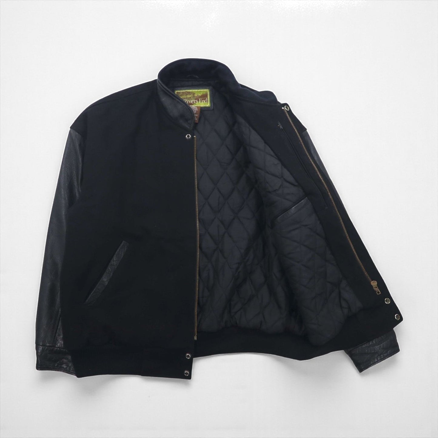 90s Vintage Varsity Jacket Rivers End レザー切替 スタジャン XL ブラック 刺繍 USA企業 JOHN WOOD