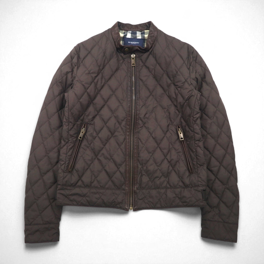 BURBERRY Quilted Rider's Jacket, Size L, Brown, Padded with Leather and Nova Check Lining