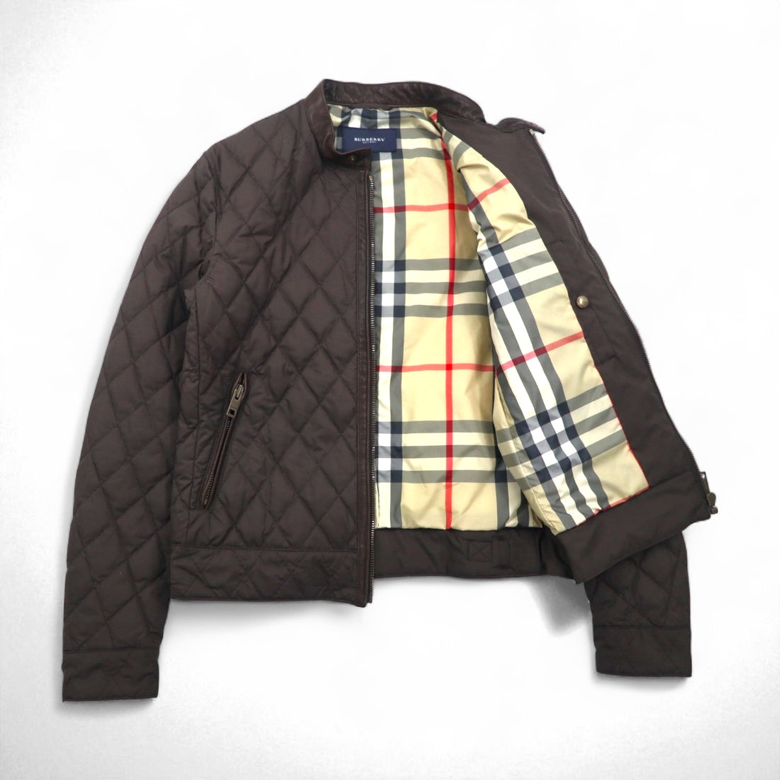 BURBERRY Quilted Rider's Jacket, Size L, Brown, Padded with Leather and Nova Check Lining