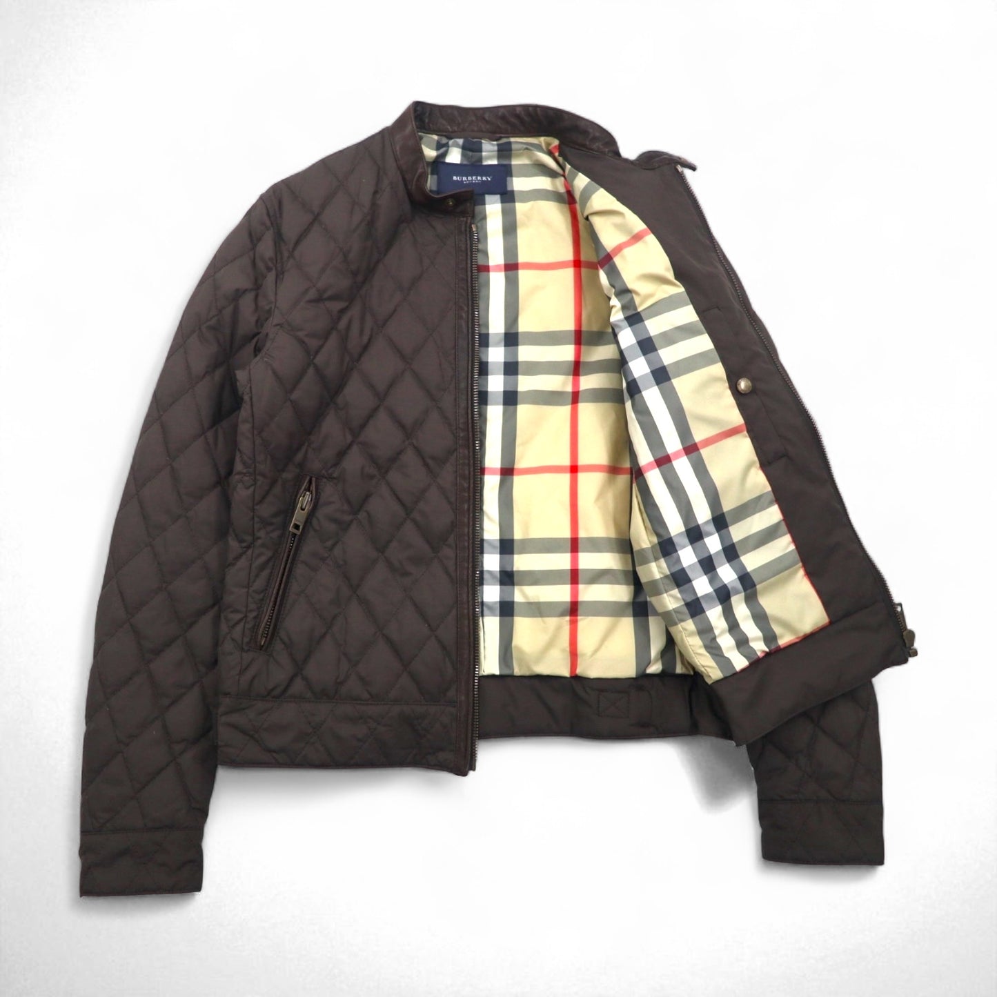 BURBERRY キルティングジャケット ライダース L ブラウン 中綿 レザー切り替え 裏地ノバチェック