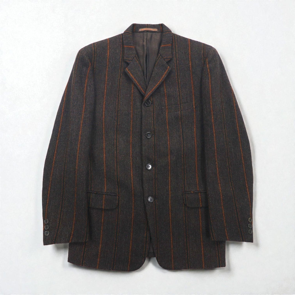 Men's Big 80s Vintage Blazer Tweed Tailored Jacket, Size M, Brown Striped Wool Lining, Paisley Pattern,