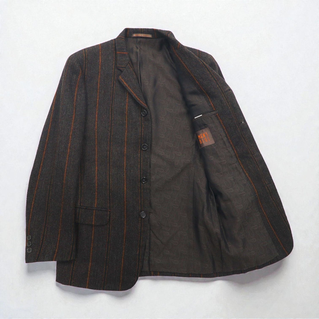 Men's Big 80s Vintage Blazer Tweed Tailored Jacket, Size M, Brown Striped Wool Lining, Paisley Pattern,