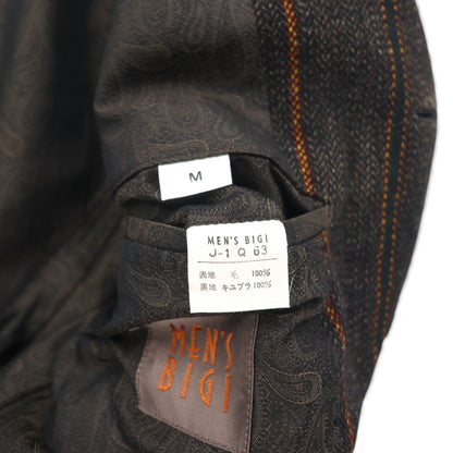 MEN'S BIGI 80s Vintage Blazer ツイード テーラードジャケット M ブラウン ストライプ ウール 裏地 ペイズリー柄 80年代