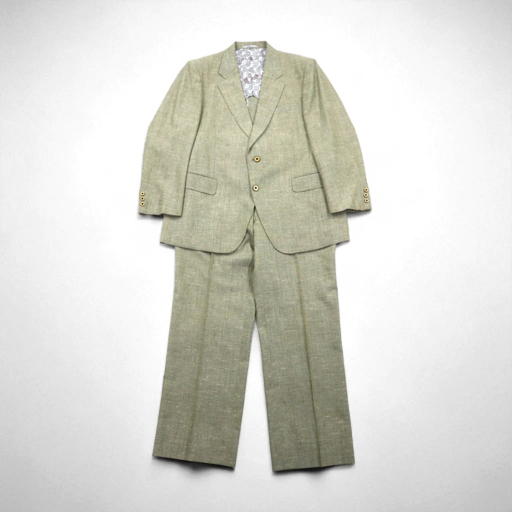 Vintage 90s TENGEN NEO PRETA Linen Suit, 2B Summer Suit Set, Beige, Paisley Print, Wide Lining, Size M
