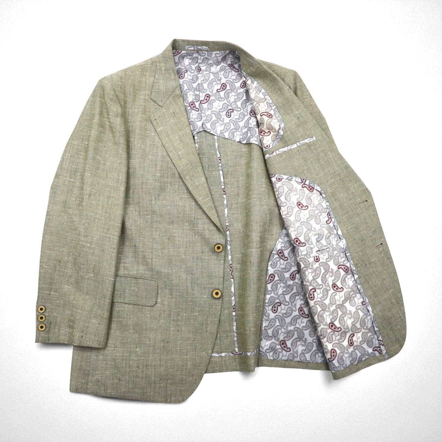 Vintage 90s Linen Suit TENGEN NEO PRETA 90年代 リネン混 2B サマースーツ セットアップ M ベージュ 麻 ペイズリー柄 裏地 ワイド
