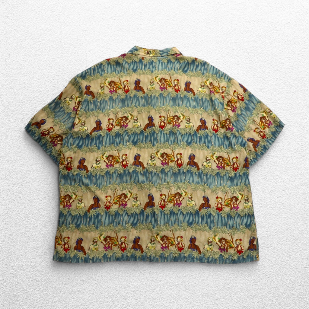 CAMPIA MODA 90s Aloha Shirt XL Khaki Rayon All-Over Print Hula Girl