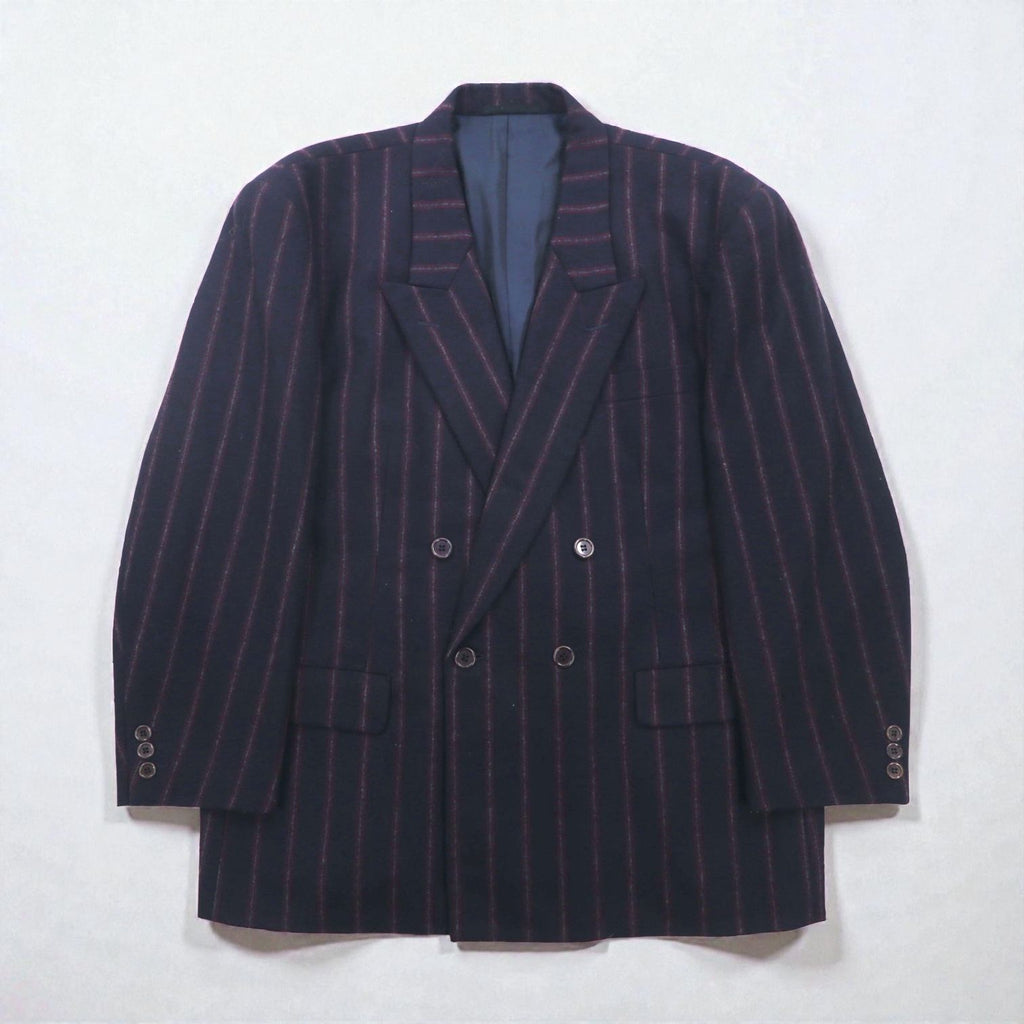 TAKEO KIKUCHI 90s Double Breasted Leather Tailored Jacket, Size M, Navy Stripe Wool, AFTER WORKS