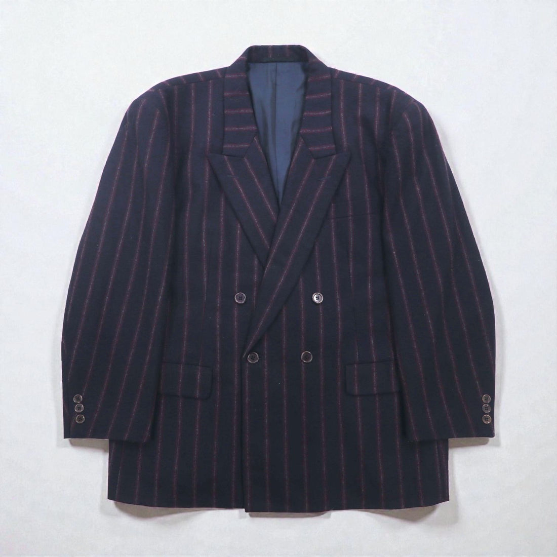 TAKEO KIKUCHI 90s Double Breasted Leather Tailored Jacket, Size M, Navy Stripe Wool, AFTER WORKS