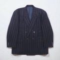 TAKEO KIKUCHI 90s Double Breasted Leather Tailored Jacket, Size M, Navy Stripe Wool, AFTER WORKS