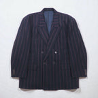 TAKEO KIKUCHI 90s Double Breasted Leather Tailored Jacket, Size M, Navy Stripe Wool, AFTER WORKS