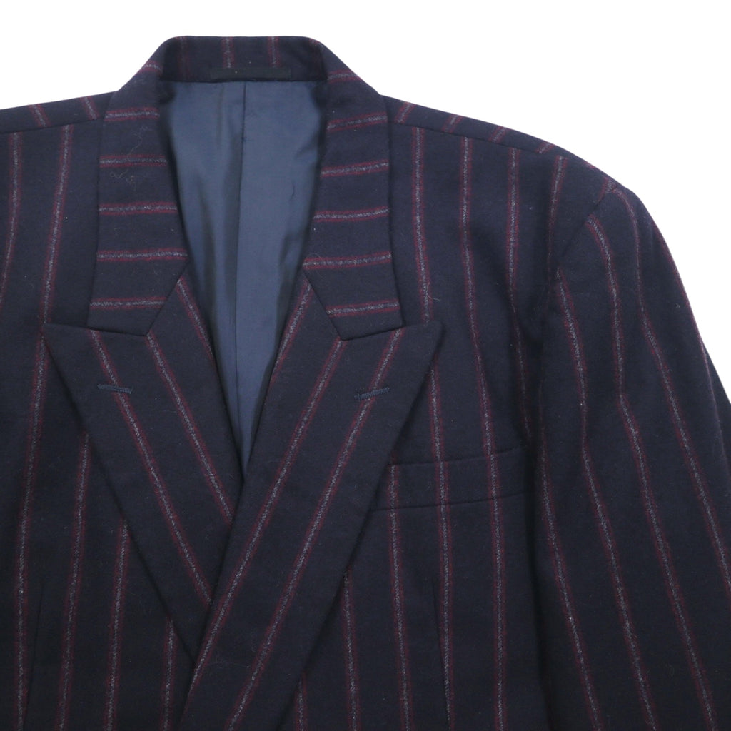 TAKEO KIKUCHI 90s Double Breasted Leather Tailored Jacket, Size M, Navy Stripe Wool, AFTER WORKS