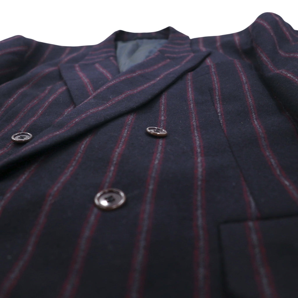 TAKEO KIKUCHI 90s Double Breasted Leather Tailored Jacket, Size M, Navy Stripe Wool, AFTER WORKS