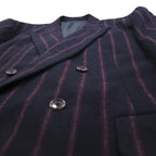 TAKEO KIKUCHI 90s Double Breasted Leather Tailored Jacket, Size M, Navy Stripe Wool, AFTER WORKS