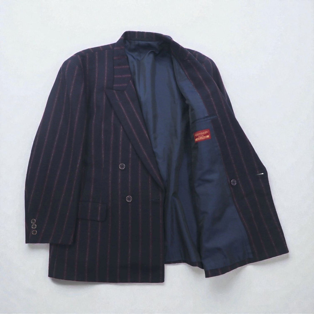 TAKEO KIKUCHI 90s Double Breasted Leather Tailored Jacket, Size M, Navy Stripe Wool, AFTER WORKS