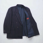 TAKEO KIKUCHI 90s Double Breasted Leather Tailored Jacket, Size M, Navy Stripe Wool, AFTER WORKS