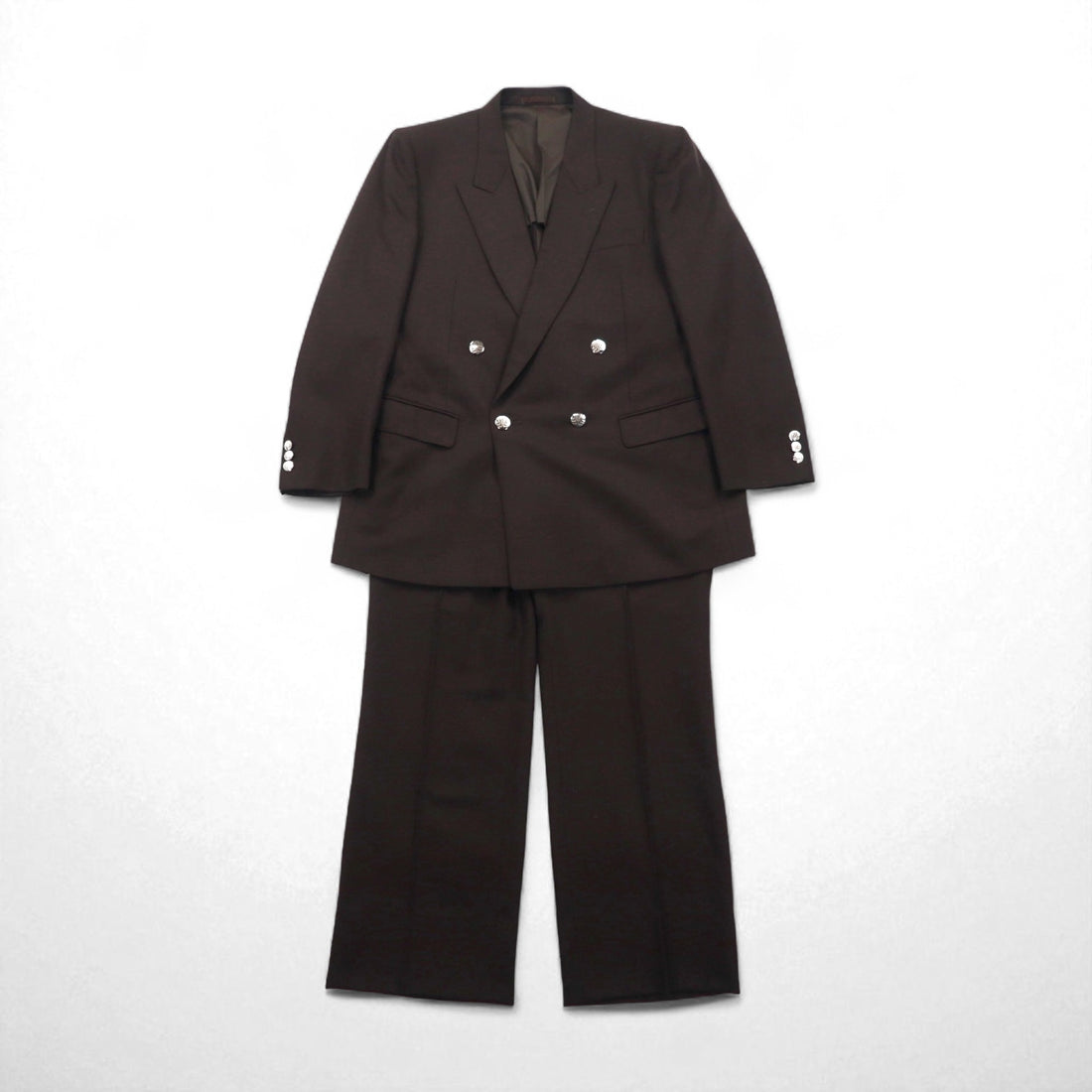 LANVIN Double-Breasted Peak Lapel Suit and Blazer Set, Size L, Dark Brown Wool with Metal Buttons, Wide Fit