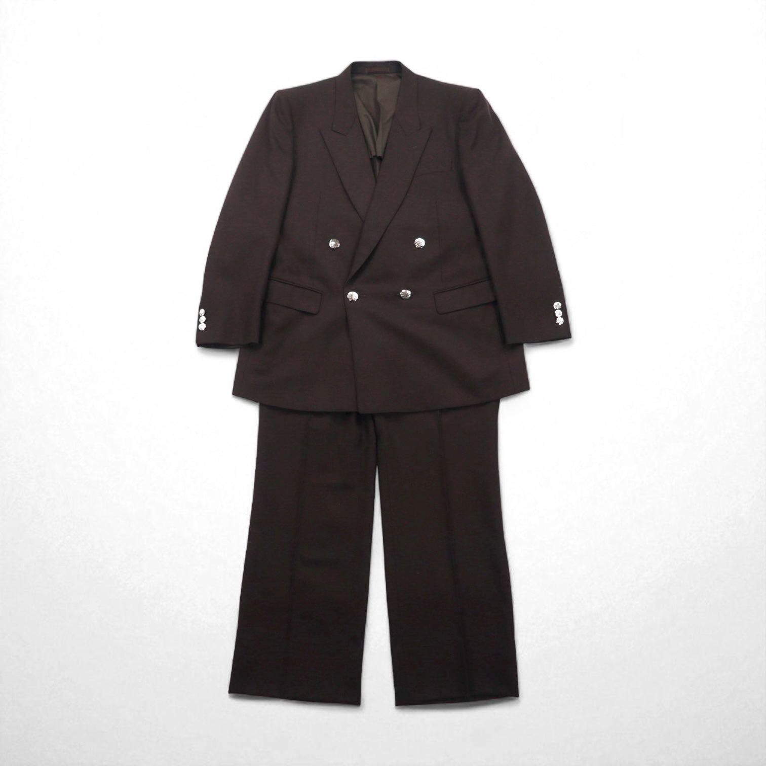 LANVIN Double-Breasted Peak Lapel Suit and Blazer Set, Size L, Dark Brown Wool with Metal Buttons, Wide Fit