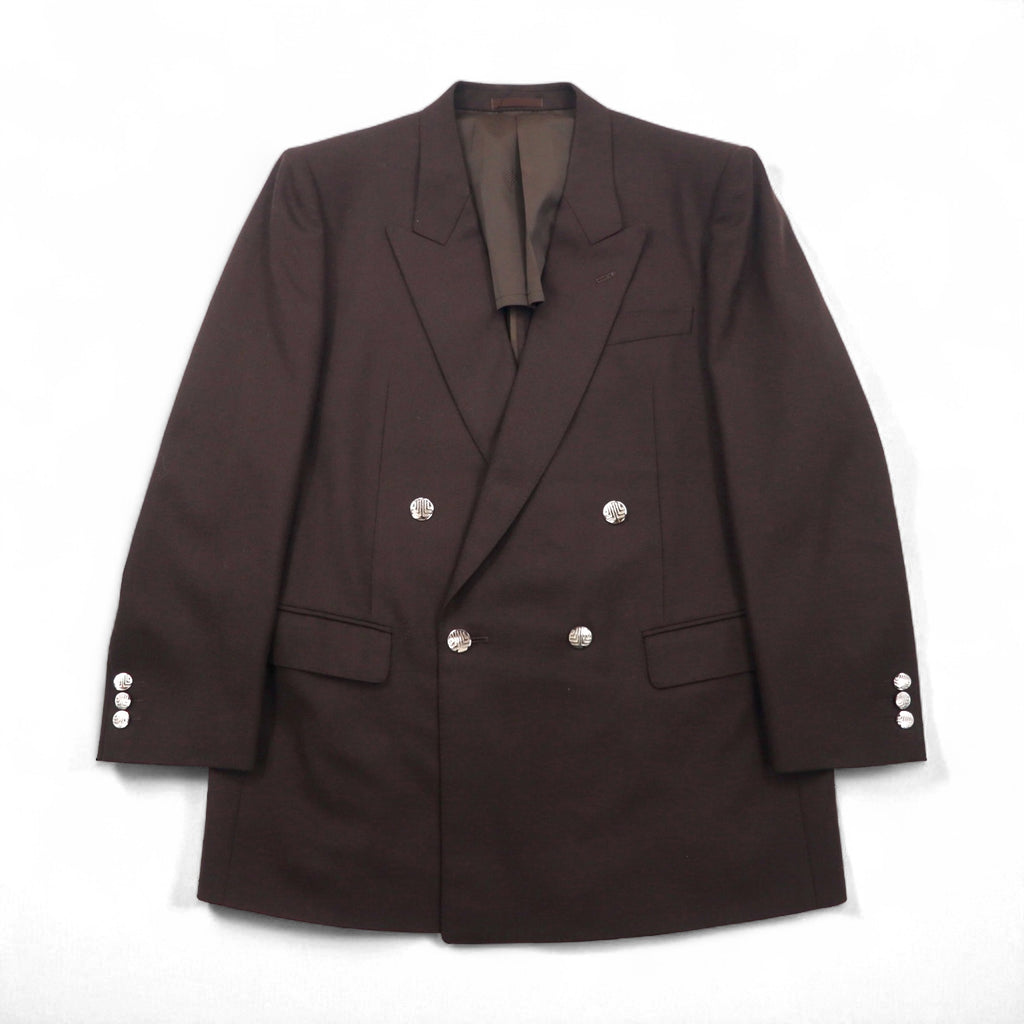 LANVIN Double-Breasted Peak Lapel Suit and Blazer Set, Size L, Dark Brown Wool with Metal Buttons, Wide Fit