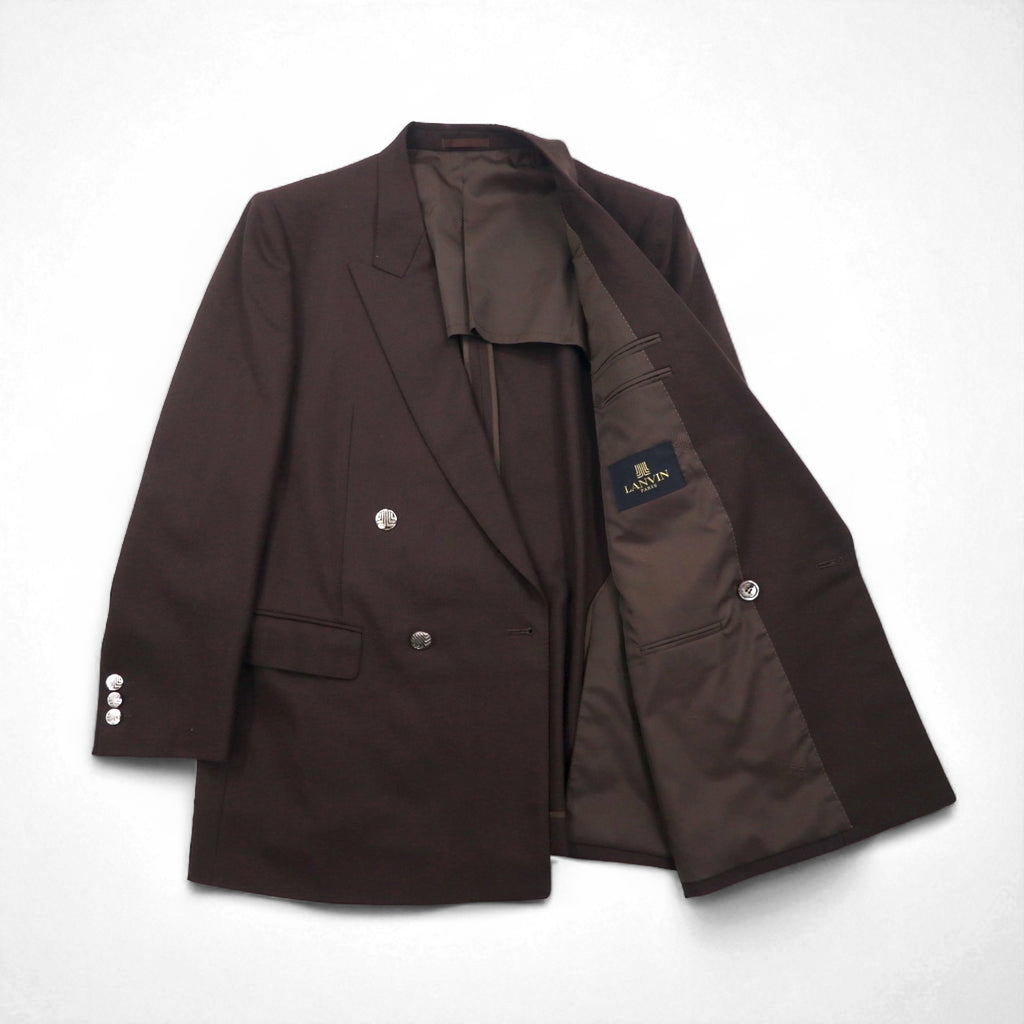 LANVIN Double-Breasted Peak Lapel Suit and Blazer Set, Size L, Dark Brown Wool with Metal Buttons, Wide Fit