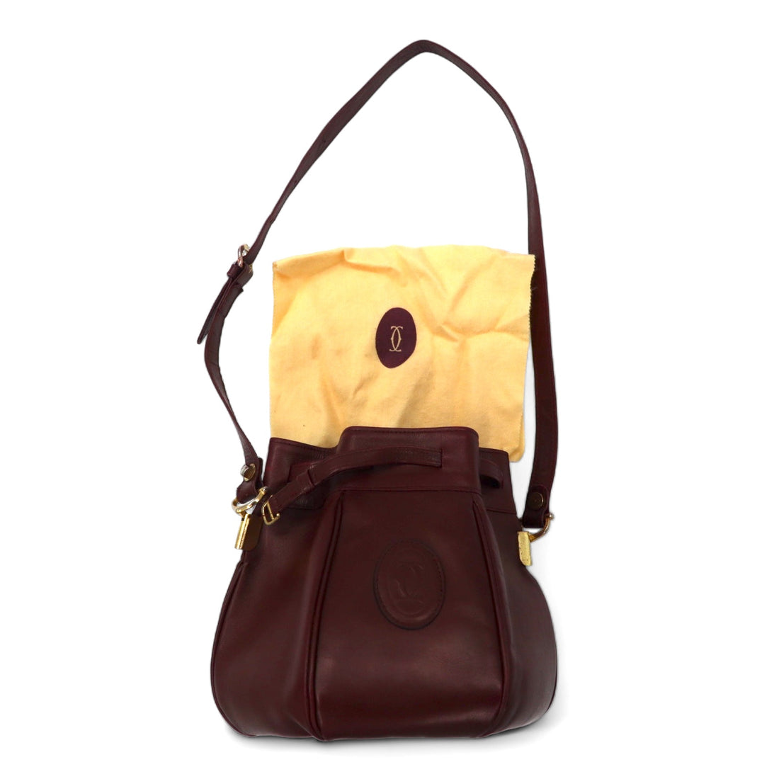 Cartier Old Must Line Drawstring Shoulder Bag Bordeaux Leather Vintage