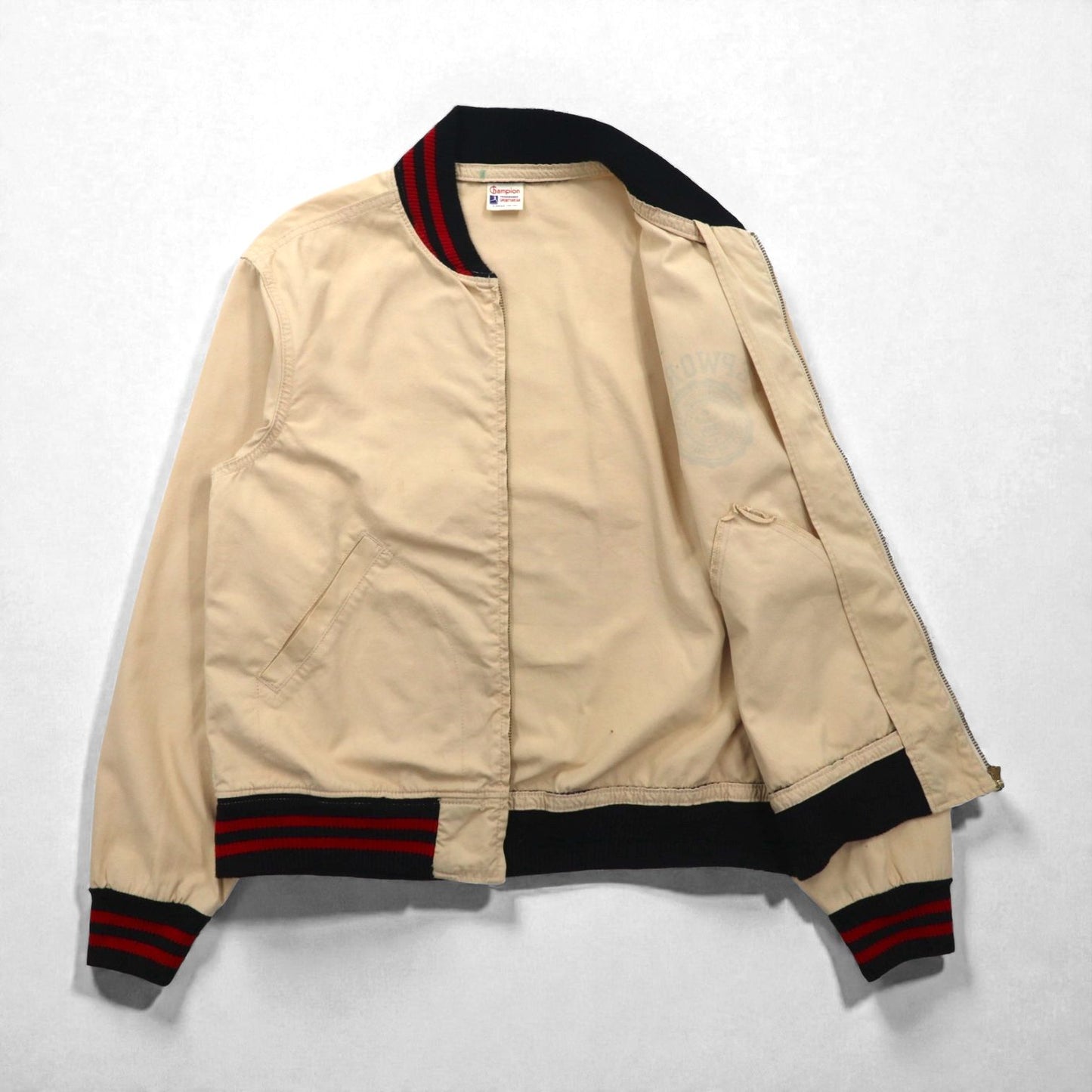 Champion ランタグ 復刻 スポーツジャケット ブルゾン L ベージュ リブライン 刺繍ワッペン