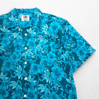 Lee SPORT 90s open collar aloha shirt L blue cotton all-over hibiscus pattern