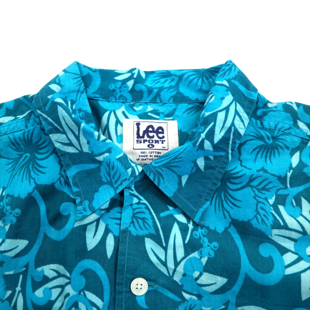 Lee SPORT 90s open collar aloha shirt L blue cotton all-over hibiscus pattern