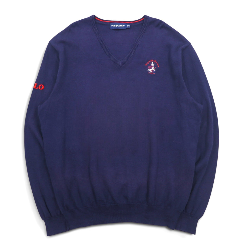 POLO GOLF RALPH LAUREN Vネック コットンニット セーター L ネイビー ポニー ロゴ刺繍 Royal St George's
